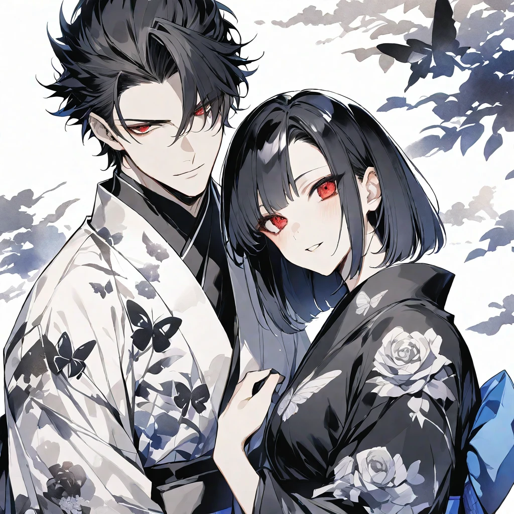 独奏,handsome, monotone,Watercolor,
1. male,
hime cut,Straight Hair,Bob Hair, 
black hair, Gojo Satoru,
red Eyes,Black Rose Tattoo,butterfly Tattoo,
Black kimono,yukata,
skin,Silver Accessories,
White background,