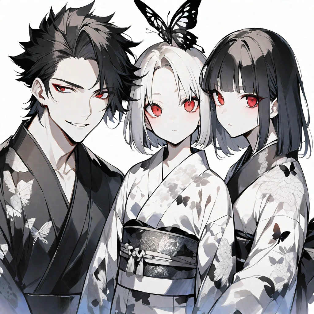 独奏,handsome, monotone,Watercolor,
1. male,
hime cut,Straight Hair,Bob Hair,
black hair, Gojo Satoru,
red Eyes,Black Rose Tattoo,butterfly Tattoo,
Black kimono,yukata,
skin,Silver Accessories,
White background,