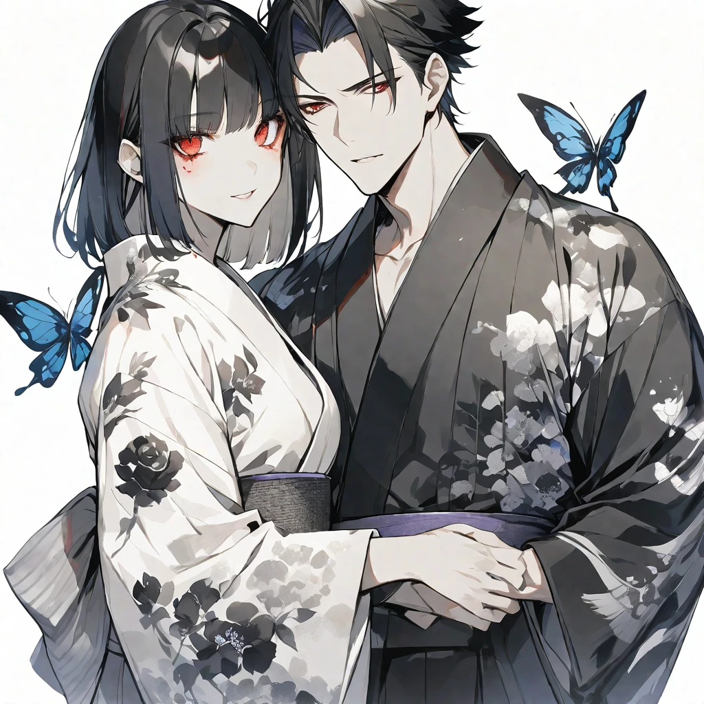 独奏,handsome, monotone,Watercolor,
1. male,
hime cut,Straight Hair,Bob Hair,
black hair, Gojo Satoru,
red Eyes,Black Rose Tattoo,butterfly Tattoo,
Black kimono,yukata,
skin,Silver Accessories,
White background,