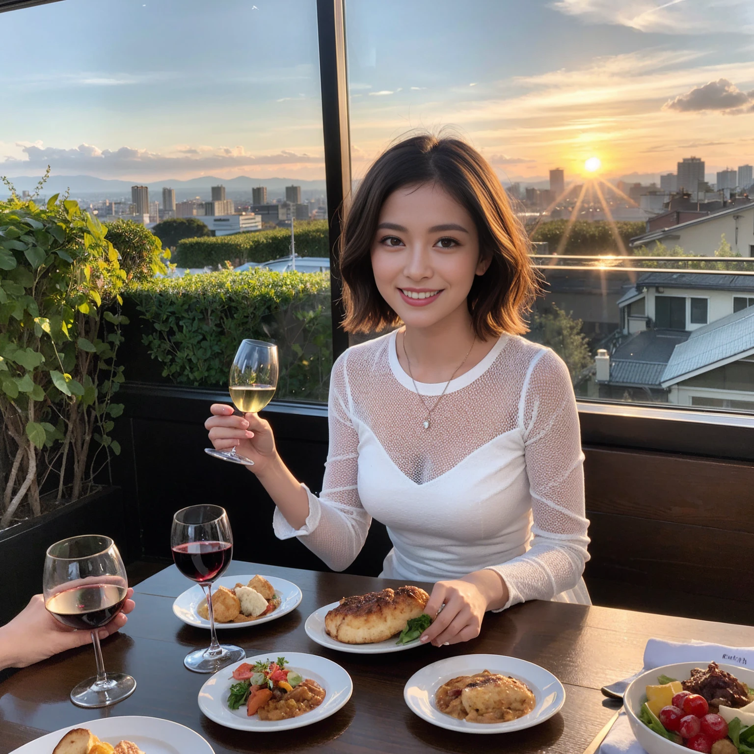 ((Highest quality、8K、masterpiece:1.3))、 (Ultra-realistic、 Genuine、Bright image、Intricate details:1.2), 最高のsmile、1 male 1 female、Wine Party、Beautiful couple、Love Love Love、Tokyo Lovers、Beautiful friends、actress couple、smile、Full-course dinner at a packed table、 (Slim face), (the body is slim), (Brown Hair), (short hair), テーブルのwine glass、Please shine a light on my face、 Amazing view of the sunset sky and clouds、42 years old 39 years old, red wine 、Appetizers、Wine bottle、sparkling wine、Long sleeve shirt、dress、White wine, red wine, wine glass, 