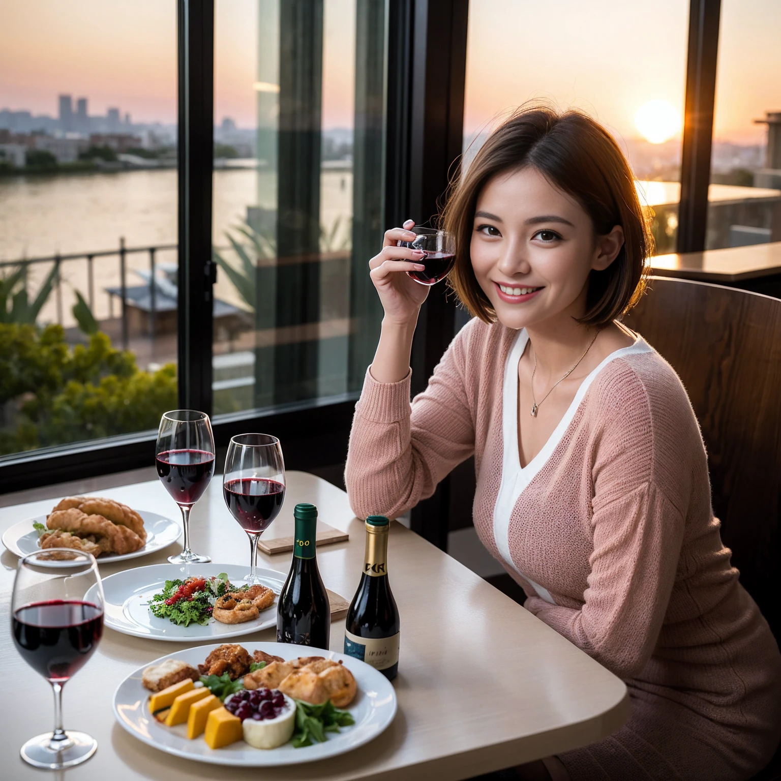 ((Highest quality、8K、masterpiece:1.3))、 (Ultra-realistic、 Genuine、Bright image、Intricate details:1.2), 最高のsmile、1 male 1 female、Wine Party、Beautiful couple、Love Love Love、Tokyo Lovers、Beautiful friends、actress couple、smile、Full-course dinner at a packed table、 (Slim face), (the body is slim), (Brown Hair), (short hair), テーブルのwine glass、Please shine a light on my face、 Amazing view of the sunset sky and clouds、42 years old 39 years old, red wine 、Appetizers、Wine bottle、sparkling wine、Long sleeve shirt、dress、White wine, red wine, wine glass, 