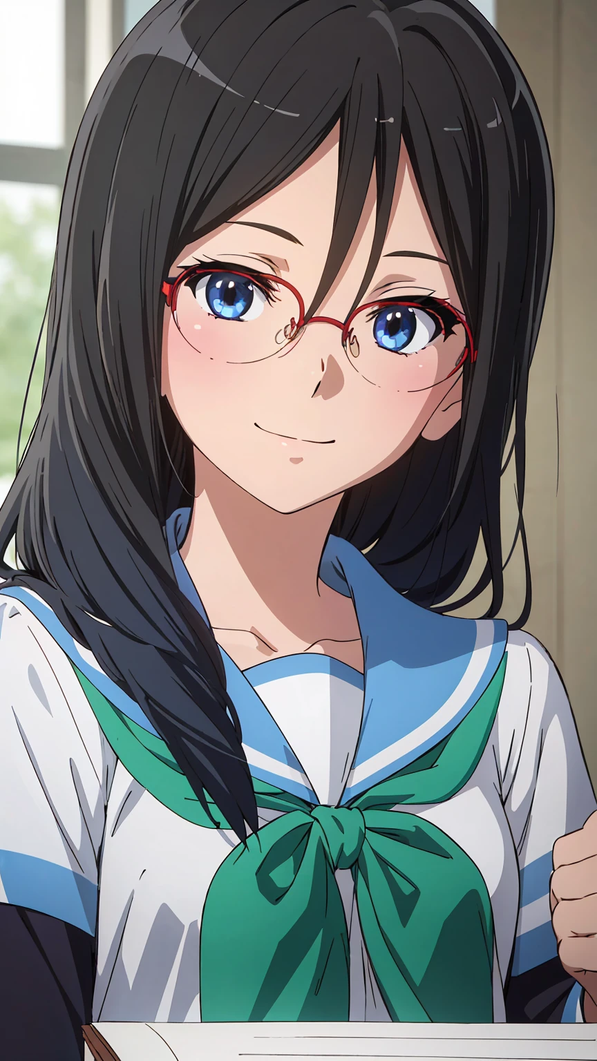 solo, 1girl, looking at viewer, sketch, flat colors, 2D, anime, anime coloring, upper body, , asuka tanaka, kitauji high , serafuku, blue sailor collar, green neckerchief, looking at viewer, smile girl, holding a blank paper viewing it to the viewer,