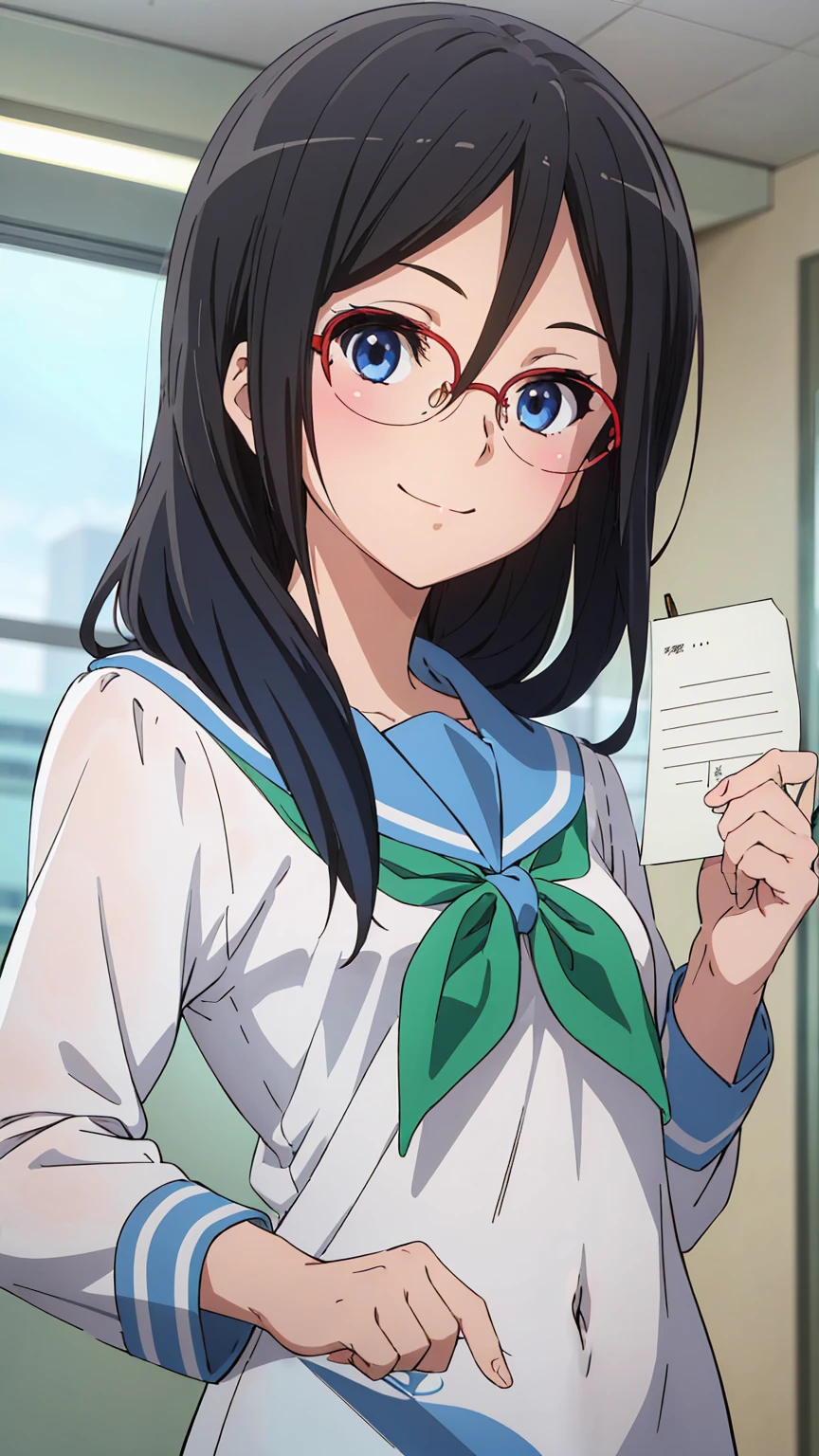 solo, 1girl, looking at viewer, sketch, flat colors, 2D, anime, anime coloring, upper body, , asuka tanaka, kitauji high , serafuku, blue sailor collar, green neckerchief, looking at viewer, smile girl, holding a blank paper viewing it to the viewer, 