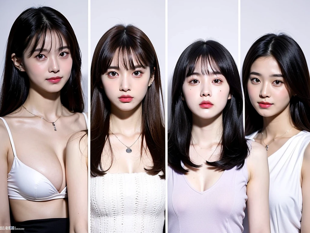 (Extra detailed body、The face is rich in detail、Best quality:1.2)、Three 20-year-old girls with different styles、sweet,Looking at the audience、(Quirky stylish、Korean girl group、A necklace、Contrast purple, White and black clothes、Asymmetry),Large Breasts