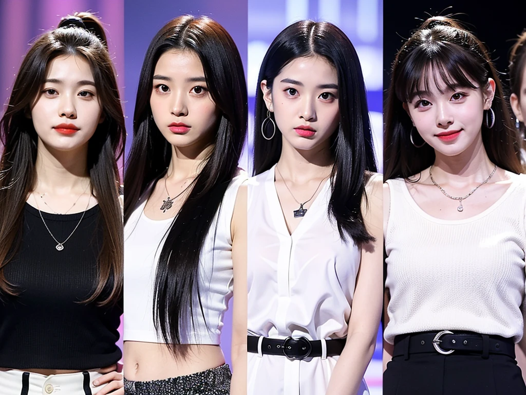 (Extra detailed body、The face is rich in detail、Best quality:1.2)、Three 20-year-old girls with different styles、sweet，Looking at the audience、（Quirky stylish、Korean girl group、A necklace、Contrast purple, White and black clothes、Asymmetry)，Large Breasts