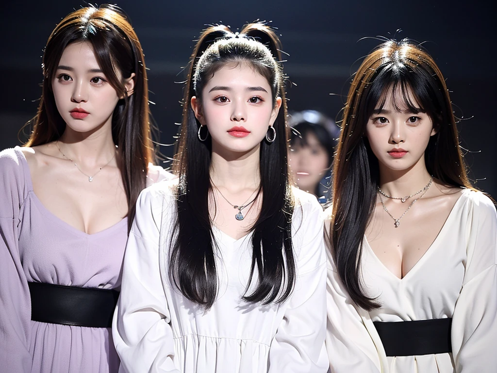 (Extra detailed body、The face is rich in detail、Best quality:1.2)、Three 20-year-old girls with different styles、sweet，Looking at the audience、（Quirky stylish、Korean girl group、A necklace、Contrast purple, White and black clothes、Asymmetry)，Large 