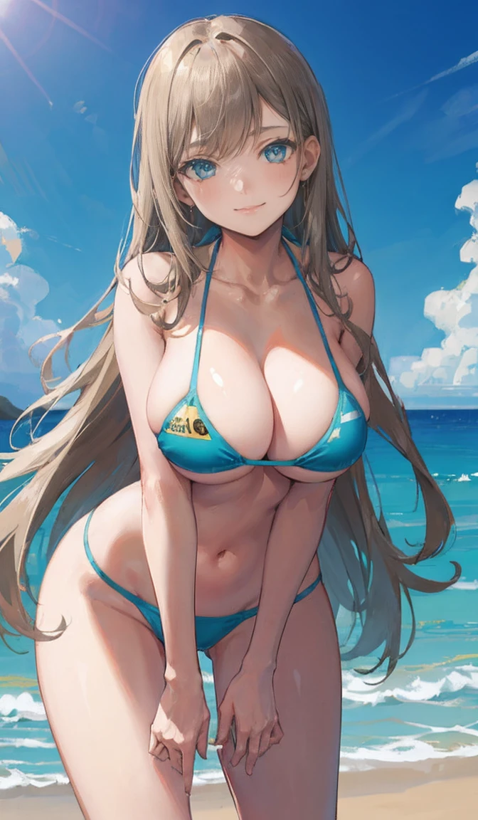 ((Browsing Caution,)),masterpiece, Highest quality, detailed, One Girl, Beach, Micro Bikini, Huge breasts, Leaning forward, smile, Ocean, Breeze, Soft lighting