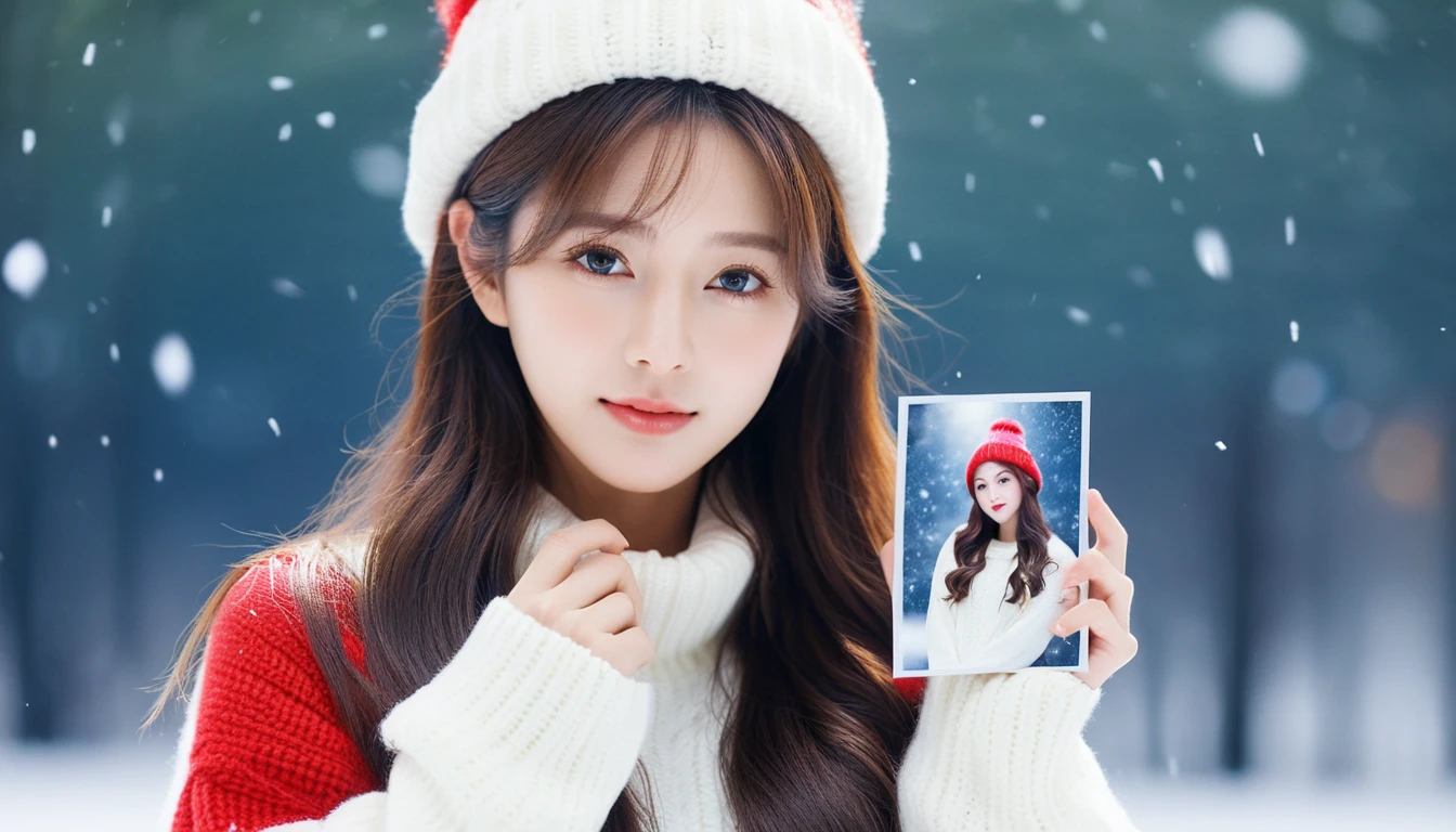 best quality, masterpiece,
Analog photo of k-pop idol girl wearing white sweater and red sweater hat, looking at viewer, long hair, Headshots, hold one's cheek with one's hand, enlargement, very beautiful detailed face, medium chest, (Cute face, looks tempting), eye level,
professional photos, high contrast exposure, soft bokeh, high key light, solid shadow, soft bokeh, snowfall, snowfall background,