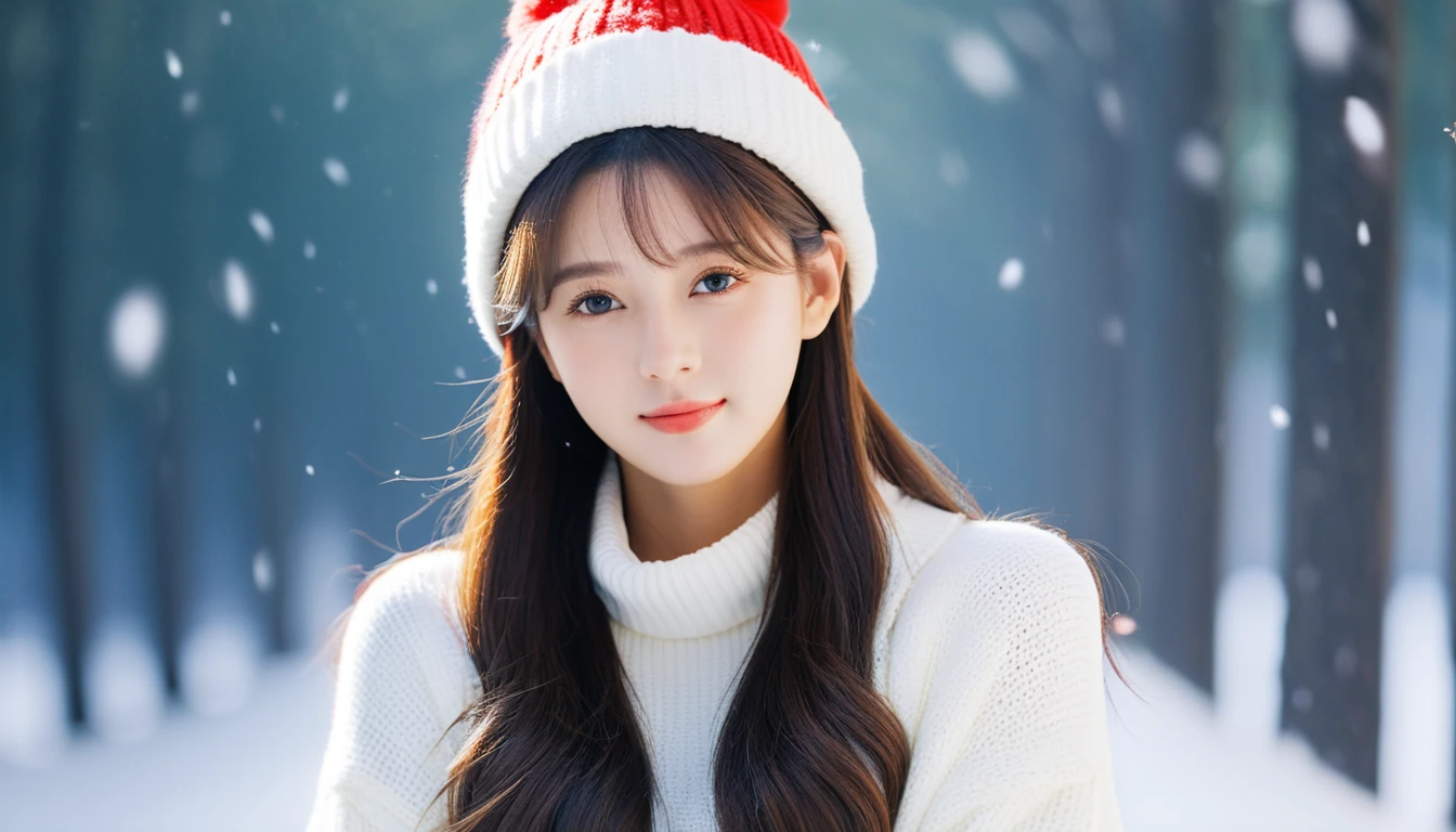 best quality, masterpiece,
Analog photo of k-pop idol girl wearing white sweater and red sweater hat, looking at viewer, long hair, Headshots, hold one's cheek with one's hand, enlargement, very beautiful detailed face, medium chest, (Cute face, looks tempting), eye level,
professional photos, high contrast exposure, soft bokeh, high key light, solid shadow, soft bokeh, snowfall, snowfall background,
