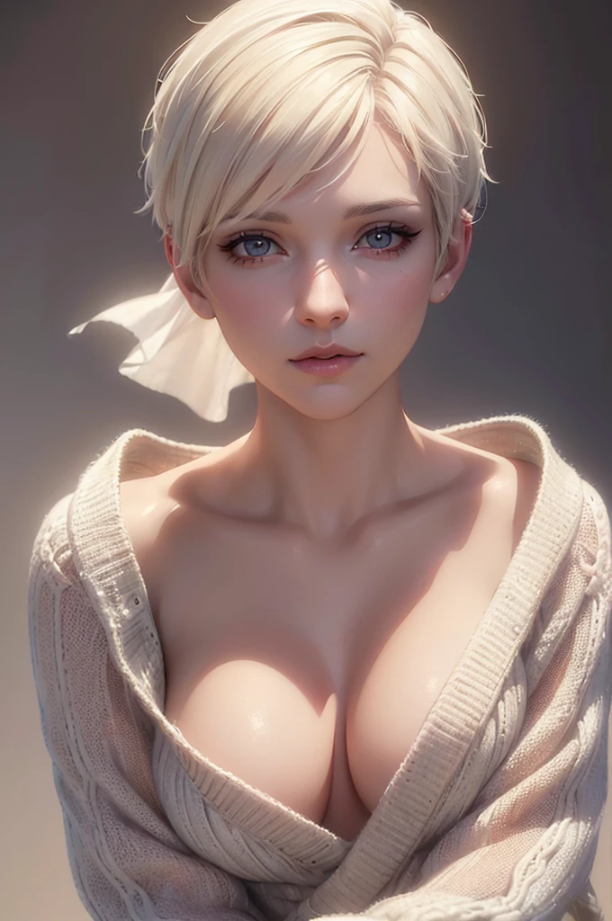 a beautiful mom with white short pixie hair wearing a baggy long sweater and , extremely detailed face and eyes, beautiful detailed lips, long eyelashes, (best quality,4k,8k,highres,masterpiece:1.2),ultra-detailed,(realistic,photorealistic,photo-realistic:1.37), portrait, cinematic lighting, dramatic chiaroscuro, warm color tones, dynamic pose
