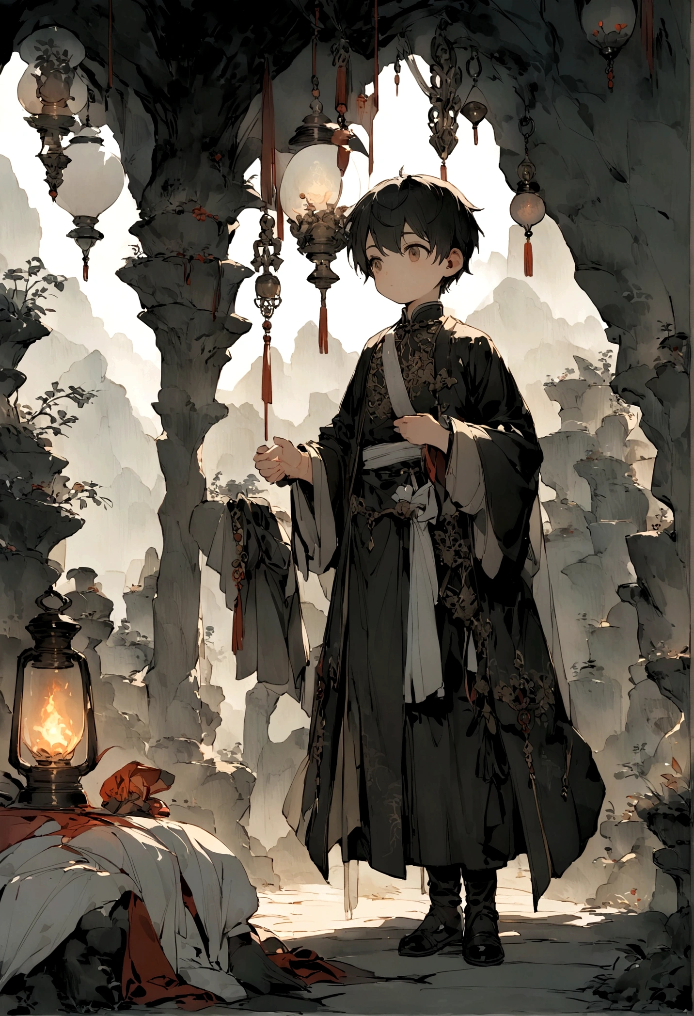 ((Chinese style，Immortal World，Xianxia World))，Mountain，Mist，(((Cave，)))mystery，A cute little boy，Worn clothes，Light