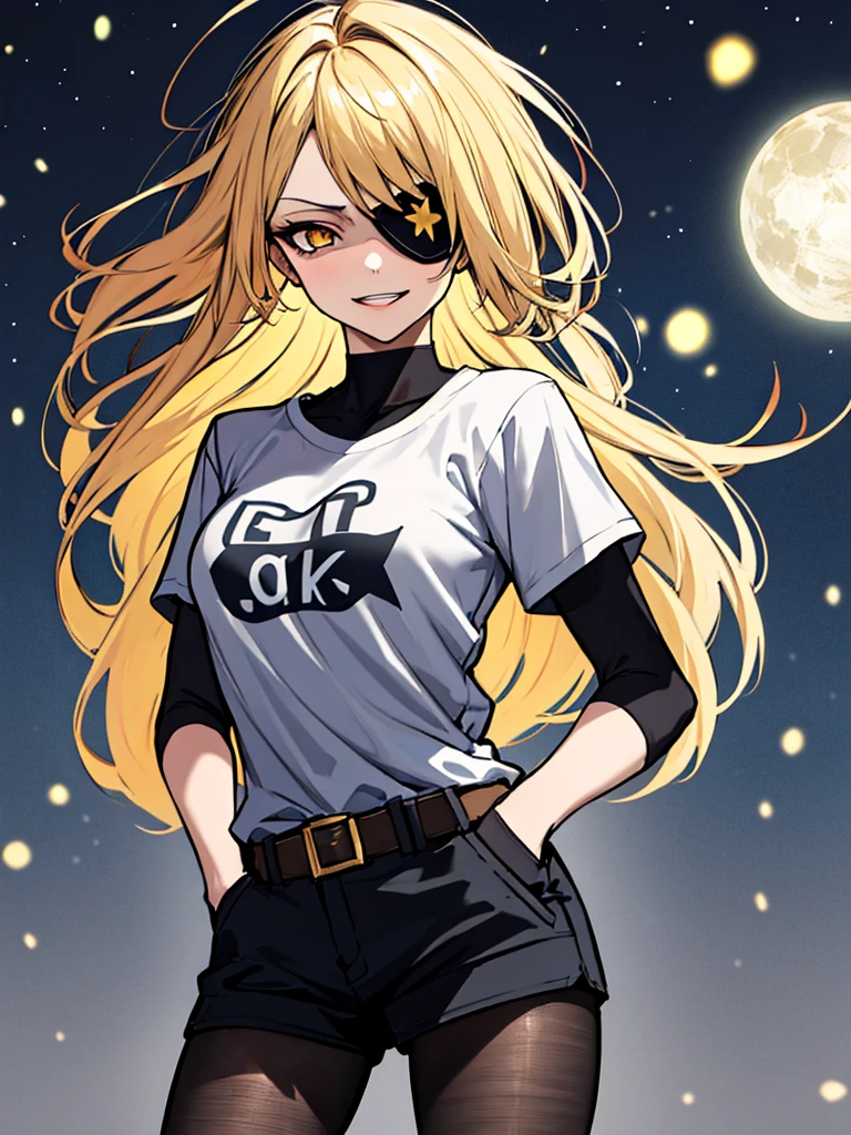 (absurdres, 8k, 4k, masterpiece, hyper extreme detailed:1.2), (masterpiece), best quality, expressive eyes, highres, perfect eyes, 1girl, perfect face, perfect hands, standing, belt, 1girl, blonde hair, eyepatch, perfect , eyepatch, long hair, platinum blonde hair, muscular, toned body, strong, empty eyes, blank stare, crazy face, crazy eyes, crazy smile, gloves, graphic t- shirt, small, golden eyes, deadpan, expressionless, shaded face, messy hair, crazy hair, city background, heroic, half body, cowboy shot, night time, stars, night sky, hand on head, hands in pockets, wind, windy, pantyhose, covered abdomen
