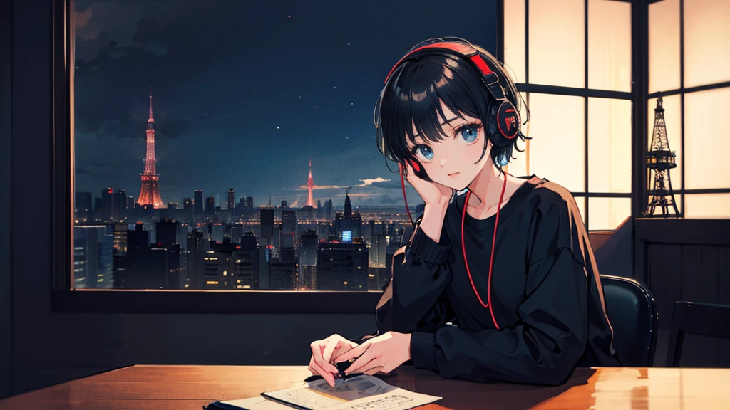 Black short Hair, Black Clothing, One Adult Woman Looking Sideways ,Blue headphones、 Delicate background、Masterpiece、night、dark、Nostalgic、night lighting、Inside the room、You can see Tokyo Tower
