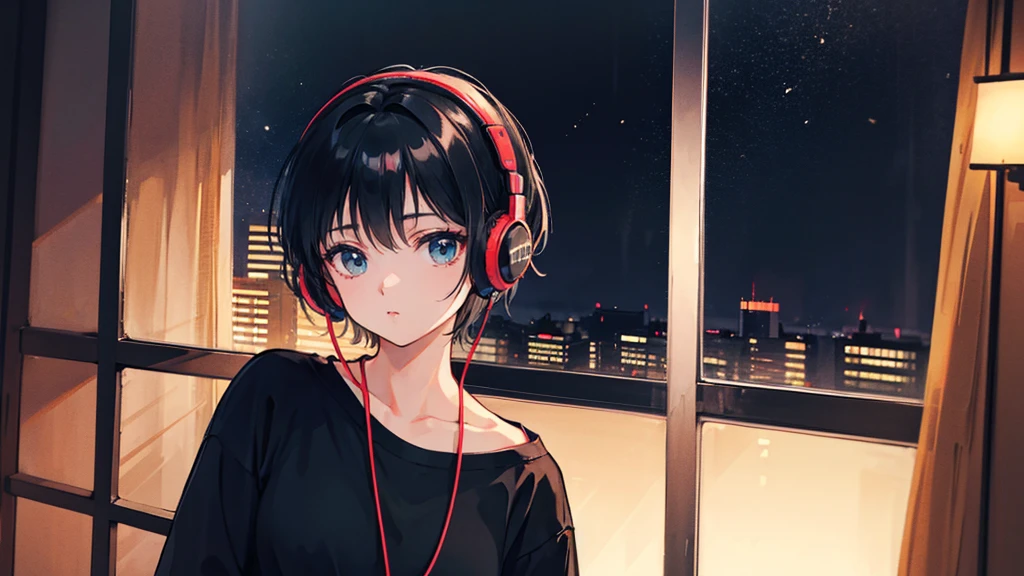 Black short Hair, Black Clothing, One Adult Woman Looking Sideways ,Blue headphones、 Delicate background、Masterpiece、night、dark、Nostalgic、night lighting、Inside the room、You can see Tokyo Tower