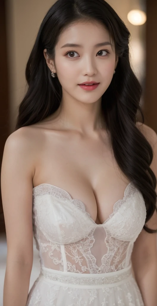 （（nighttime scene，Realistic Lighting，best qualtiy，8K，tmasterpiece：1.3）），1girll，Pretty woman with slender figure：1.4，（Very long black slightly curly hair，Bandeau wedding dress，gigantic cleavage ???????：1.3），white wedding gown，Super detailed face，Detailed eyes，double eyelid，ssmile， busty