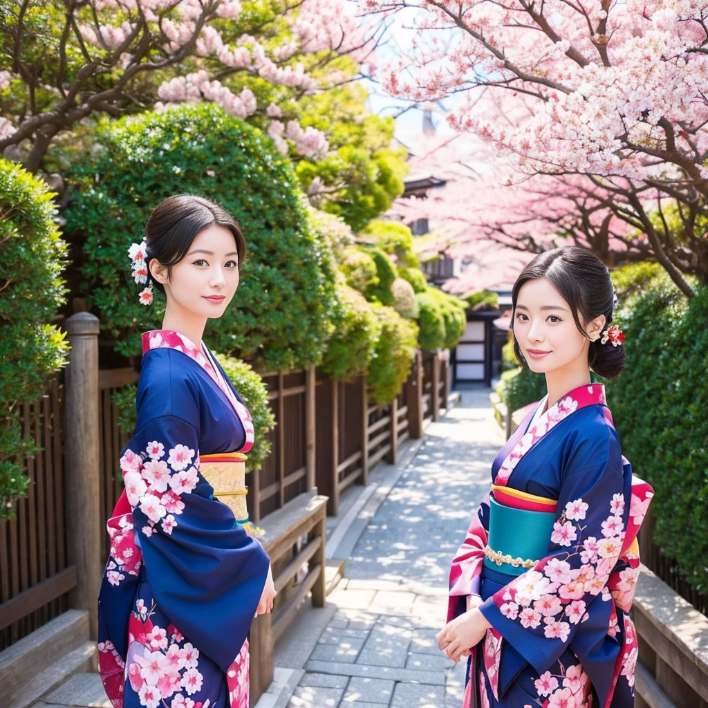 Beautiful Japanese Geisha Photos, Colorful kimonos, Cherry blossoms against the blue sky and the old streets of Kyoto