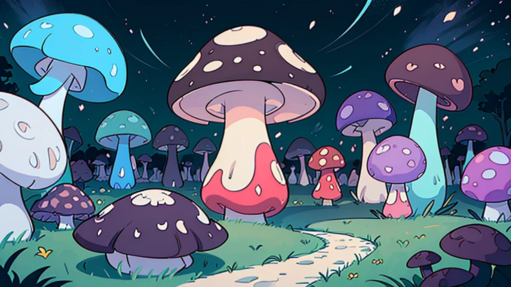You are in an area that looks strange and scary. The area is filled with all kinds of colorful and glittering giant mushrooms. There are also several types of creeping plants in the area.
Describe the situation by emphasizing the action, shape, interlacing and space