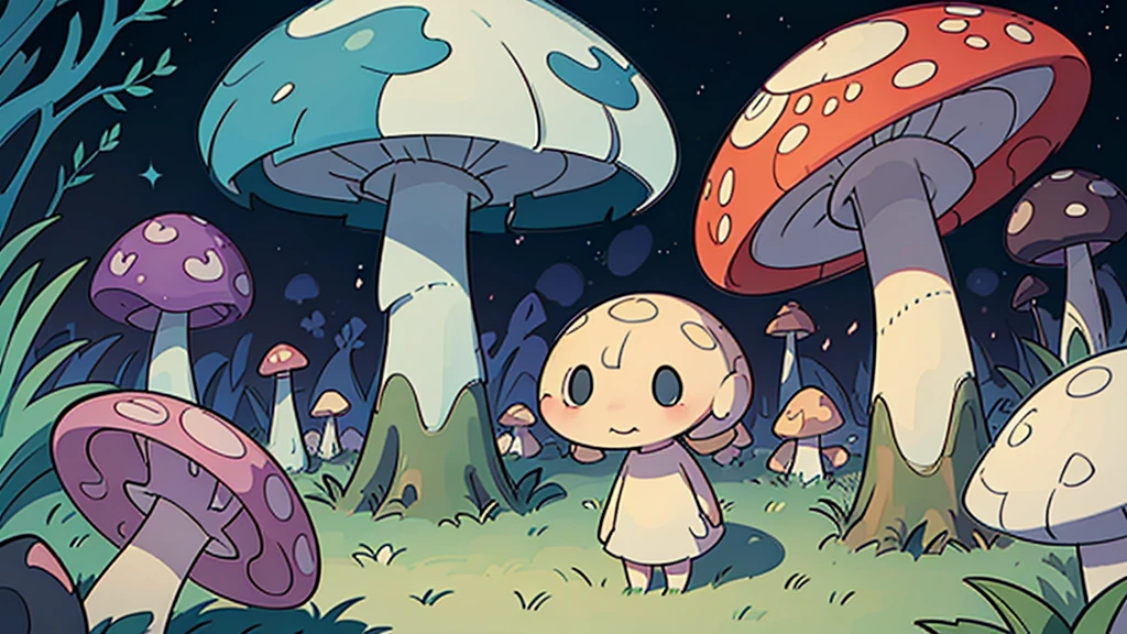 You are in an area that looks strange and scary. The area is filled with all kinds of colorful and glittering giant mushrooms. There are also several types of creeping plants in the area.
Describe the situation by emphasizing the action, shape, interlacing and space