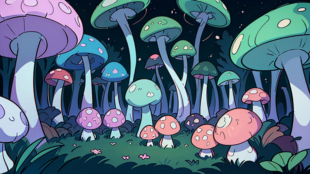You are in an area that looks strange and scary. The area is filled with all kinds of colorful and glittering giant mushrooms. There are also several types of creeping plants in the area.
Describe the situation by emphasizing the action, shape, interlacing and space