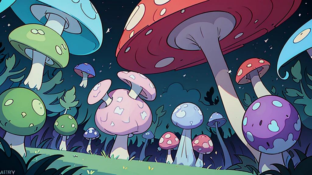 You are in an area that looks strange and scary. The area is filled with all kinds of colorful and glittering giant mushrooms. There are also several types of creeping plants in the area.
Describe the situation by emphasizing the action, shape, interlacing and space