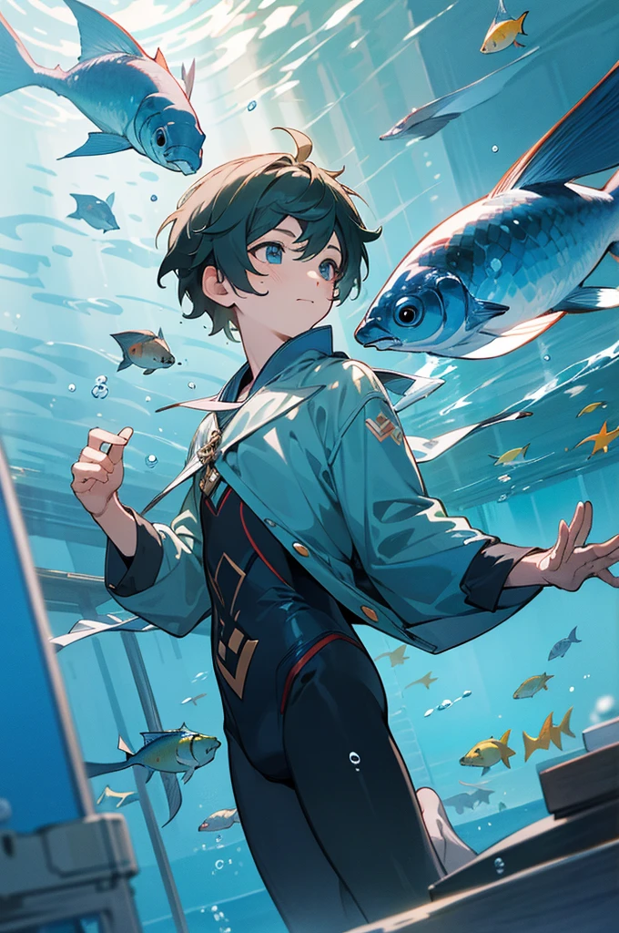 highres, masterpiece, best quality,8k, perfect face, expressive eyes, 1boy, underwater, happy, swimming underwater, creative, underwater view, fish, genshin impact official art, official art, full body, looking away from viewer, trending on pixiv