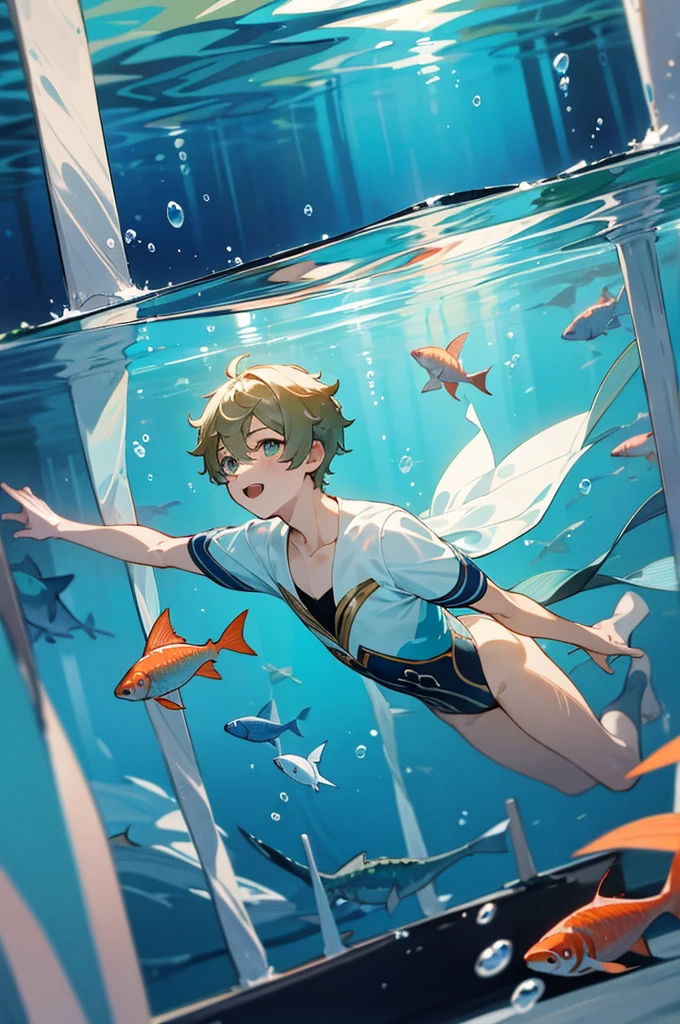 highres, masterpiece, best quality,8k, perfect face, expressive eyes, 1boy, underwater, happy, swimming underwater, creative, underwater view, fish, genshin impact official art, official art, full body, looking away from viewer, trending on pixiv