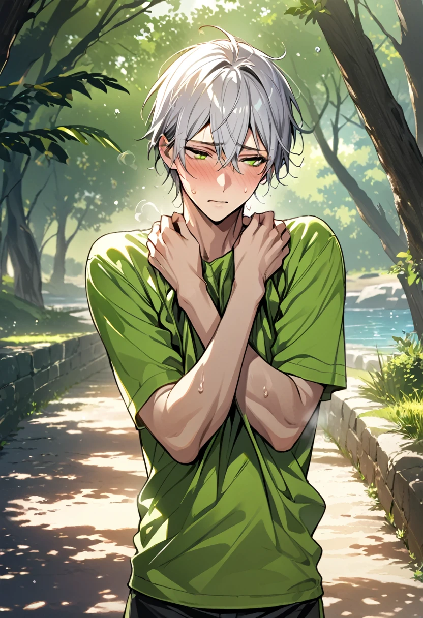 1man, solo, (yaoi), (male only), super fine illustration, an extremely delicate and beautiful, best quality, white hair, long hair, green eyes, in heat, presenting, dazed expression, daydreaming, (slender),full-face blush, steam, sweat, (Lift shirt to chest with both hands:1.4), lakeside setting, sunlight filtering through trees, looking away, upper body,NSFW