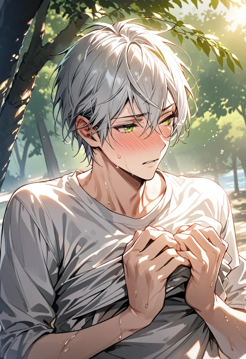 1man, solo, (yaoi), (male only), super fine illustration, an extremely delicate and beautiful, best quality, white hair, green eyes, in heat, presenting, dazed expression, daydreaming, (slender),full-face blush, steam, sweat, (Lift shirt to chest with both hands:1.4), lakeside setting, sunlight filtering through trees, looking away, upper body,NSFW