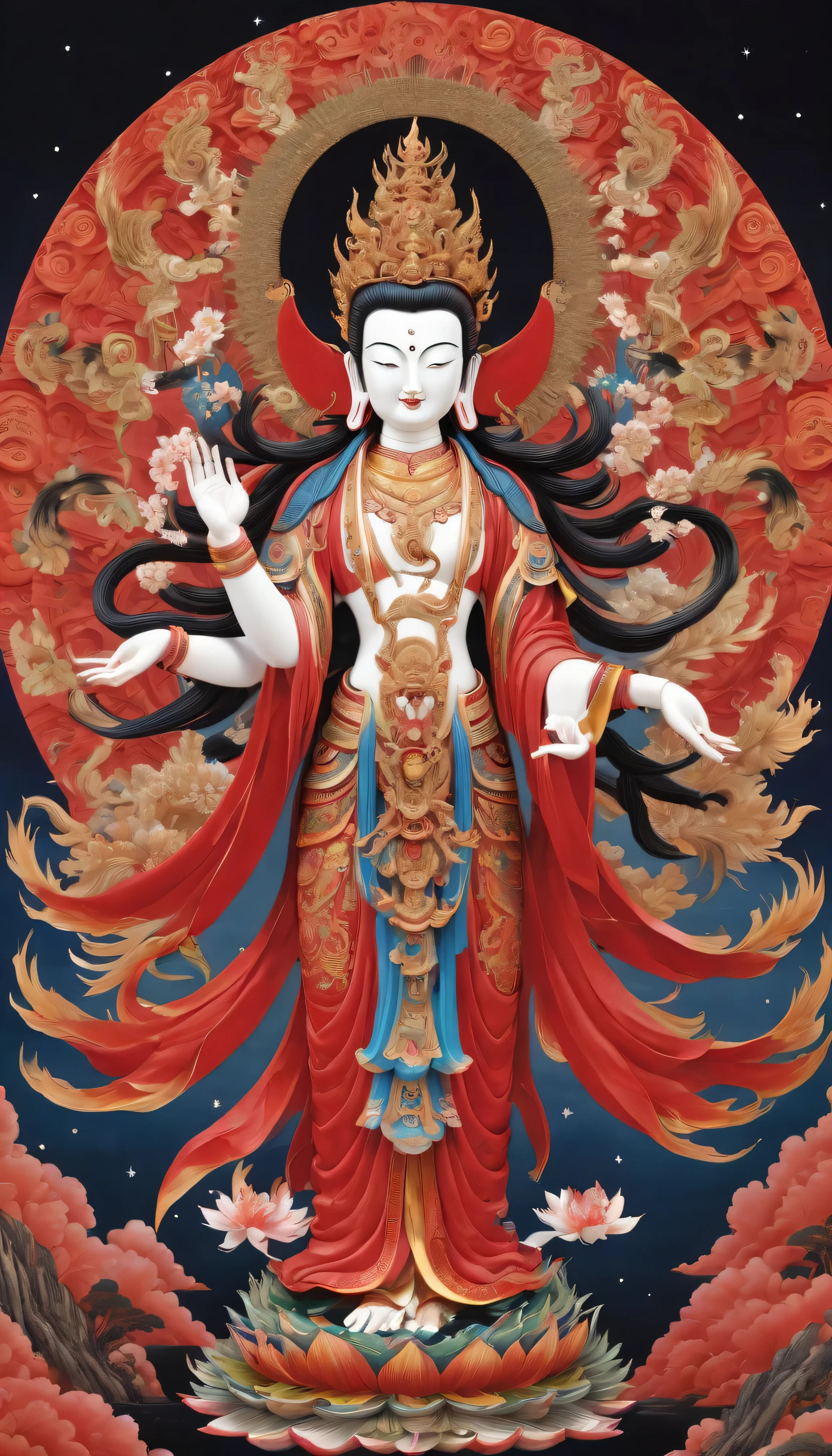 "Create an artwork featuring a mystical Avalokiteshvara (Thousand-Armed Bodhisattva) with wide-open eyes that have glowing red pupils. The figure should exude a sense of mystery and divinity with an androgynous appearance. Emphasize the thousand arms prominently displayed and gracefully arranged around the figure, each hand holding different symbolic items. The figure should be adorned in elaborate, traditional celestial robes primarily in red, excluding other primary colors, ensuring the upper body is fully clothed with these robes. The robes should resemble feathered garments (hāori) often depicted in ancient East Asian art. The background should enhance the mystical atmosphere with elements like ethereal light or an otherworldly landscape."
