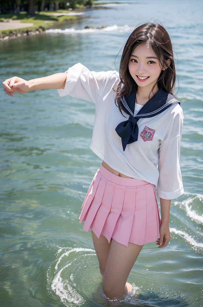 Image resolution 8K、masterpiece:1.3)、Beauty、1 female、(魅力的なbody:1.2)、abdomen:1.1、Dark Brown Hair:1.1、(body:1.2)、Ultra-detailed face、Attractive lips、double eyelid、Ultra-realistic and detailed Japanese  girl in a white short-sleeved sailor suit and pink skirt、Japanese women、10th generaars old)、Pl water in the stream、Smiling with a nice smile、Hair fluttering in the wind、