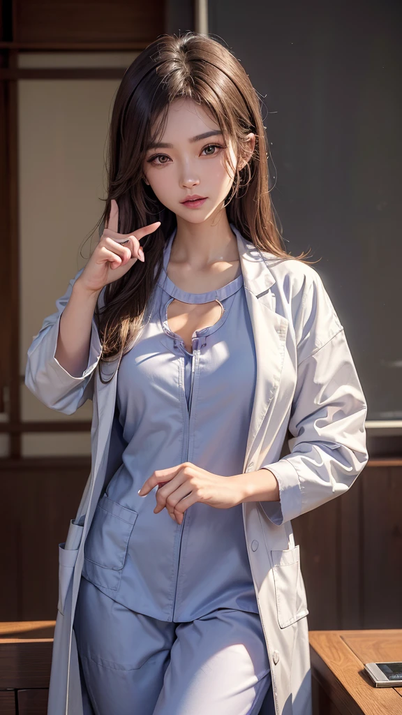 (Cowboy shot:1.2), smiling elegant slim asian woman, Japanese, wearing (((open labcoat over scrubs))), brown hair, (finger heart:1.5), (modern hospital room), photo, 1girl, ultra high res, realistic photorealistic, ultra-detailed, finely detailed, high resolution, perfect dynamic composition, (perfect eyes), (detailed eyes), solid circle eyes, ccurate, sparkling eyes, (clean eyes), anatomically correct, super detail, textured skin, extremely detailed face and eyes, detailed facial features, ((perfect face)),