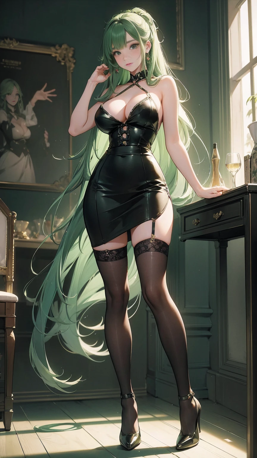 (masterpiece, top quality, best quality, official art, beautiful and aesthetic:1.0), (8k, best quality, masterpiece:1.2), very long hair, full body, (:1.4), very long hair, high heels, (pencil skirt:1.2), green hair, tall girl,black thighhighs