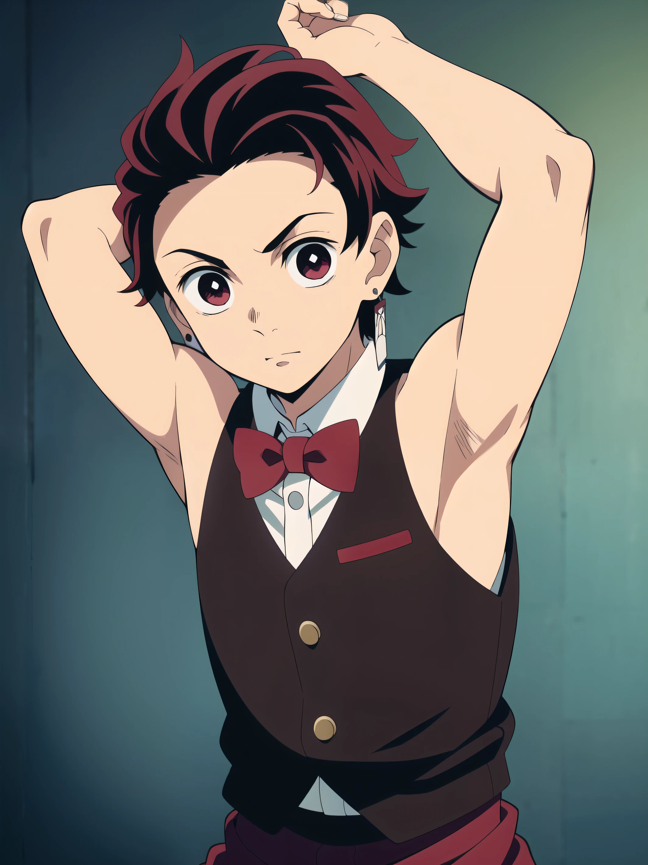 Highres, Masterpiece, Best quality at best,Best Quality,hight quality, hight detailed, Anime style, 1boy, Young boy, Shota, Tanjiro, red hair, earring, Seen from the front, look at viewer, Sleeveless vest, bow tie, Cafe, (very young boy), (very small and short body), Age 12, Such a cute smooth armpit, Cute armpit, sexy armpit, The armpits of a 12 year old boy, Adorable little armpits, seductive armpits, showing armpit, hansome boy, Uhd, 4k wallpaper