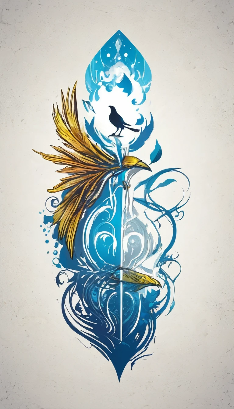 Create a minimalistic, simple, fantastic, easy to understand, logo design of two faces, one of a boy and the other of a feather for an upcoming Fantasy Role Playing Game called " Penamemoria". The game is about a world full of bird and feathers. A boy enters that world and discovers his true artistic identity. Create a logo design that transmits the essence of this videogame. It´s a fantasy game, with fantasy elements. Create the logo in the center and a fantasy theme as background. Use the colours blue, white, yellow in the logo. The logo design must convey a sense of fantasy, dreams and music. Must convey a feeling of being a true Dreamer