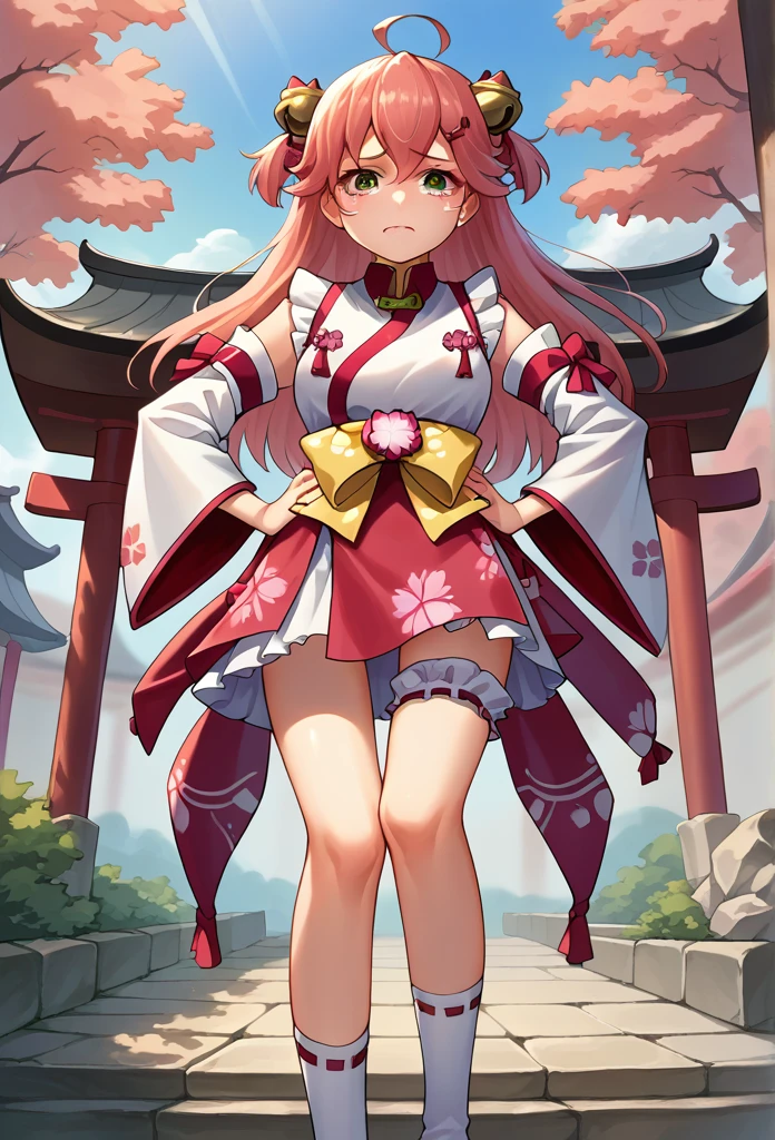 score_9, score_8_superior, sauce_anime, One girl, alone, Miko Base, Long Hair, Ahoge, one side superior, Hair Bell, Cherry blossom print, Non-traditional Shrine Maiden, Frills, Single knee socks, Bridal Garter, Hands on hips, Outdoor, shrine, cry, cowboy shot, tears