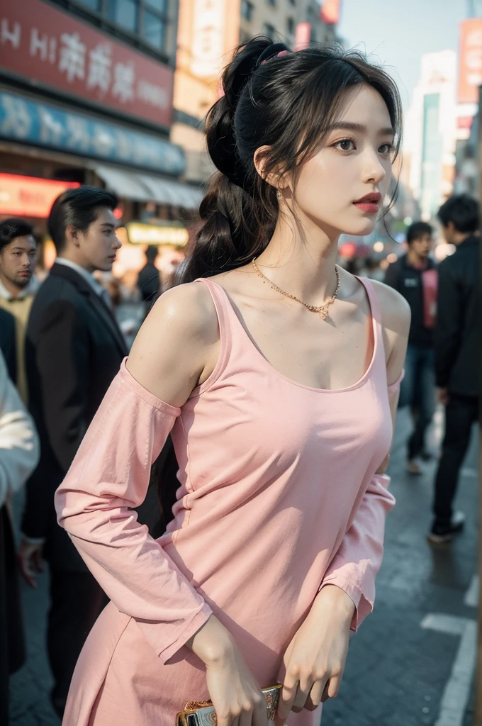 (((best quality))),(((ultra detailed))),(((masterpiece))),illustration,1girl,slim,sun-kissed skin,(vibrant rose-pink cotton dress:1.2),short ponytail,flat chest,navel,pantyhose,standing, bustling city streets, honking cars,surrounded by crowded crowds, colorful advertisements,grilled skewers,enjoying sights and sounds,(dark black skin:1.3),day scene,upper body
