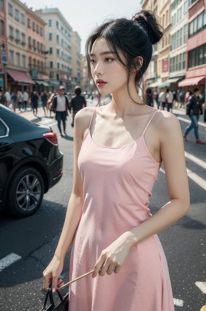 best quality detailing:1.2, reality, 8k UHD, high-res, 1girl in:1.2, Special details lurking, High quality surface, intricate detailed, detaild, Very Detailed CG, high quality shadow, detailed beautiful delicate face, Description: Beautiful delicate eyes, deep depth of field, Ray Thrashing, In her 20s....., Beautiful K-pop Girl, Korean Urzan Face:1.1, Slender Face, ulzzang -6500-v1.1:0.6, pureerosface_v1, glowing eye, teak, Glossy lips, perfectbody, choker、breast cleavage、 brunette hair、Ponytel:1.1, road, particles, View Viewr., real light:1.4, ultra-detail, photo-realistic, 4K 8k UHD Full Color RAW Photos, Fuji Film(Medium format:1.2), hasselblad:1.2, Carl Zeiss:1.1, Stunning dynamic range photography(utility_Art by Smoose-768:1.1), high-res, High pixel count, Clear details, sharp photo, Natural color reproduction, Noise Reduction, High fidelity, quality, Software updates, Downsizing, Optimized algorithms, Pro Retouching、((Shibuya, tokyo))、On the way to shopping、((Fashion clothes with very high designs.....))、graphic tee: art & logo、Graphic T-shirts printed with anime characters are trending......、Used for unique styling.....
