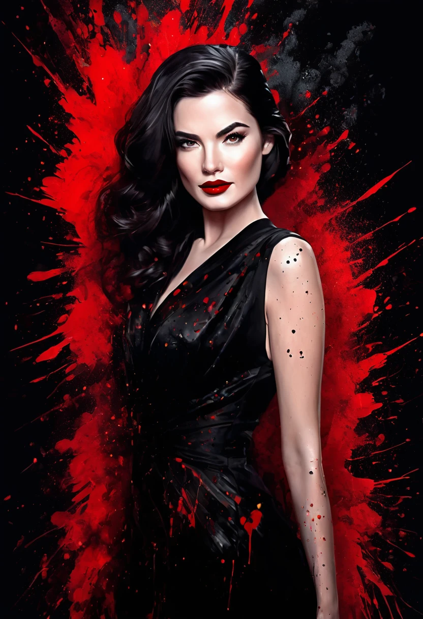 A stunning digital portrait of a mysterious woman with fiery red lips and luscious dark hair, dressed in a sleek black gown, standing amidst a chaotic backdrop of red and black splattered paint.