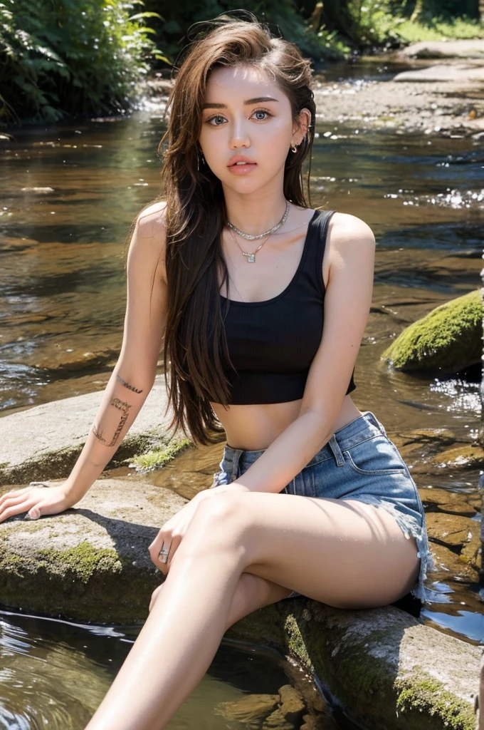 Miley Cyrus is beautiful, long straight hair, wearing a cropped tank top and shorts, sitting cross-legged on the bank of a stream, rock, forest.