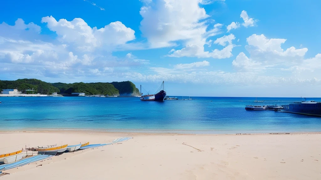 Reality Photos, Boats moored at the waterfront on the coast, Okinawa Japan, breath-taking Beautiful beaches, Beautiful beaches, White sand beach, White sand beach, Magical Beach, Outer beach, Clear blue water, Beach Scenery, Sunny day at the beach, Taken on iPhone 10, Beautiful environment, beach in the foreground, paradise in the background