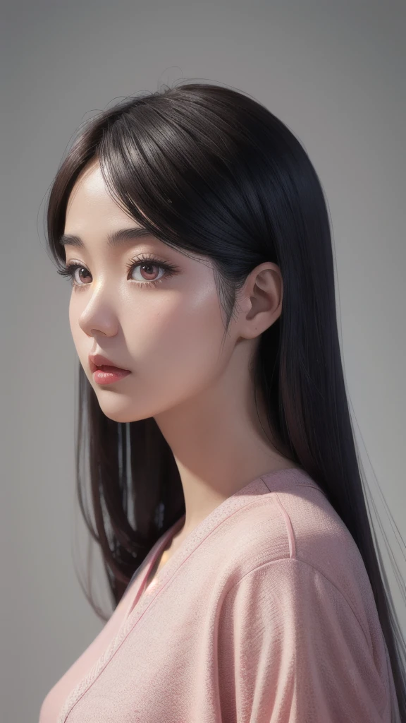 beautiful young Japanese woman, wearing symmetrical bold casual clothes, long hair, gray background, pink aura, red lips, octane rendering,