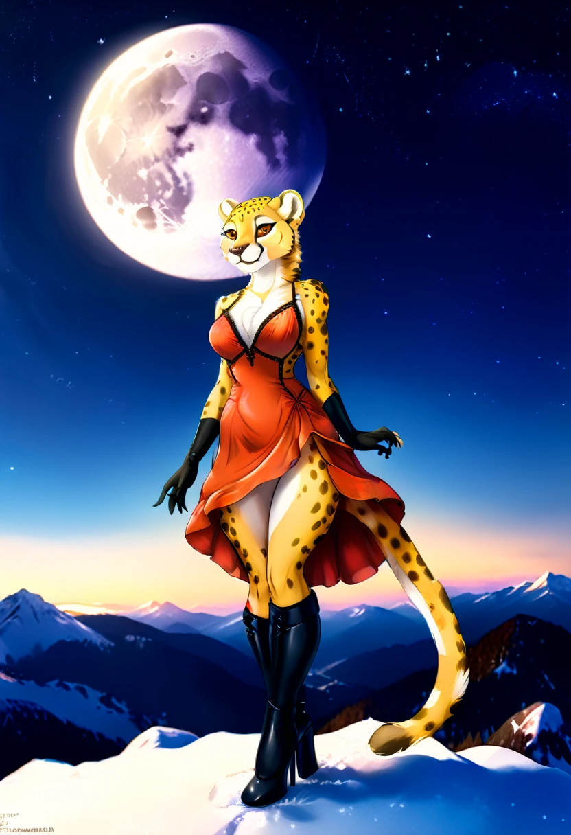 a watercolor picture of a female (cheetah anthomorph: 1.5) wearing a red evening dress, elegant, intricate detailed dress, silk dress, she wears elegant high heeled boots, exquisite high heeled boots, female cheetah anthomorph, (wild beauty: 1.3) , (ultra feminine: 1.2), ultra detailed face, fangs revealing smile, she stands on the the top of a snowy mountain, elegant cocktail party on the top of a snowy mountain background, night time, some stars the moon is rising, best details, best quality, highres, ultra wide angle, 16k, [ultra detailed], masterpiece, best quality, (extremely detailed), full body, ultra wide shot, photorealistic, ladyshado, Cinematic Hollywood Film style
