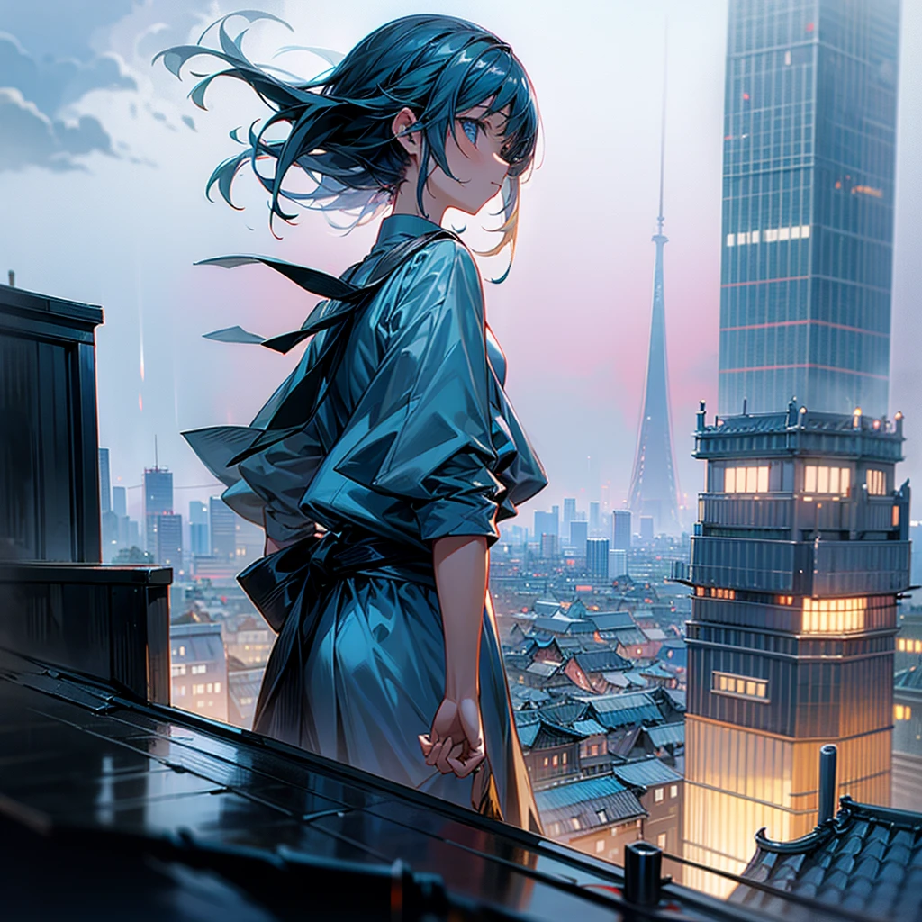 the girl rooftop buiding sky rainy season