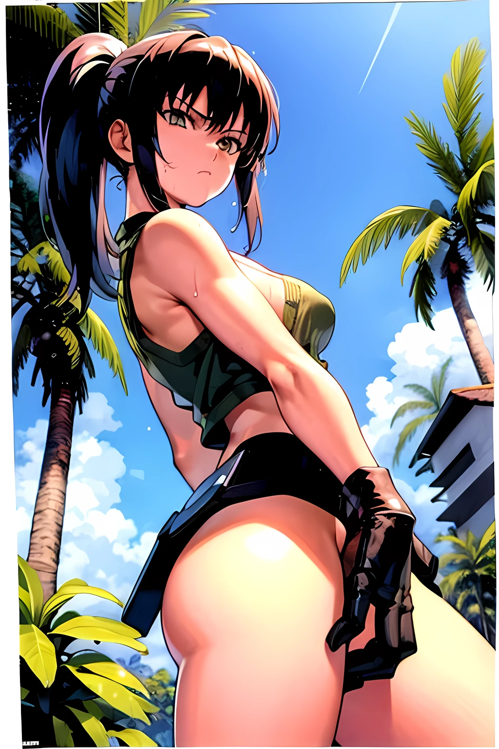 masterpiece, best quality, anime 1990s \(style\, leona heidern, naked, fully open vest, thong pants ,jungle, pony tail, wet, serious, gloves,