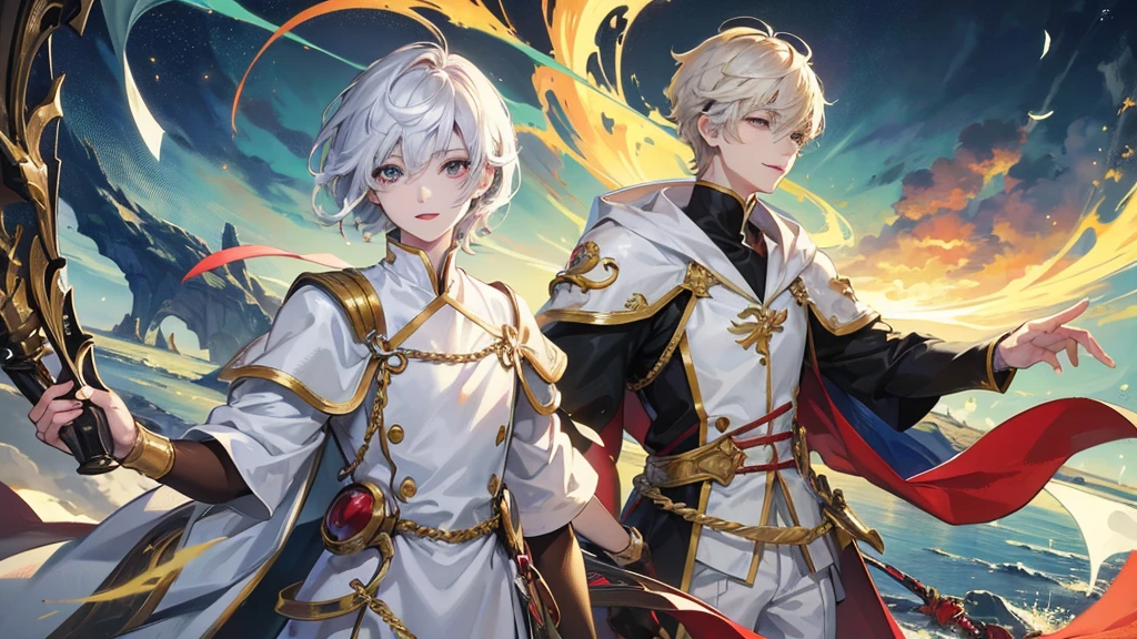 Absurd masterpiece HDR high quality image, 1 boy , Characters have detailed facial features, Differences in hair color based on anime, smile, Various clothes , ((Short Hairstyles:1 )) , Anime Eyes, White skin , Wearing random anime costumes, Detailed costume, Nice background, Masterpiece landscape