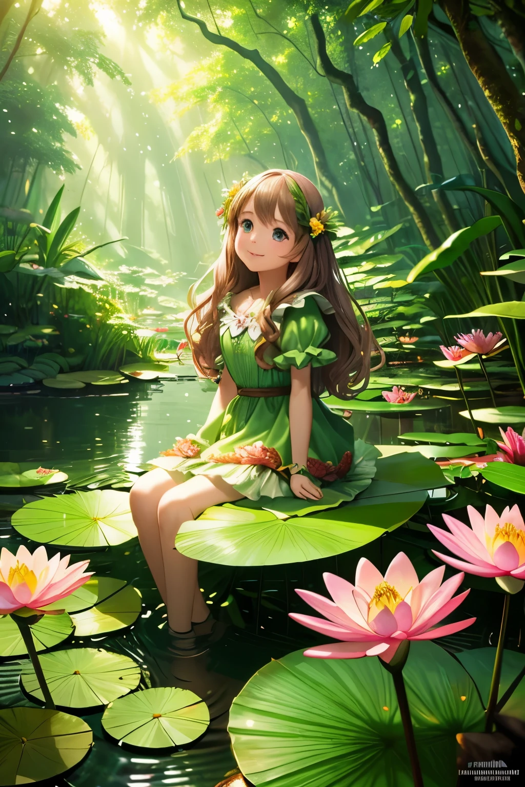 a girl Thumbelina a tinyl Thumbelina sitting on a water lily leaf, smiling, fantasy forest, warm lighting, detailed beautiful face, detailed floral dress, hyper realistic, 8k, high quality, masterpiece, digital art, vibrant colors, cinematic lighting, volumetric fog, detailed background, lush greenery, magical atmosphere sitting on a water lily leaf, smiling, fantasy forest, warm lighting, detailed beautiful face, detailed floral dress, hyper realistic, 8k, high quality, masterpiece, digital art, vibrant colors, cinematic lighting, volumetric fog, detailed background, lush greenery, magical atmosphere
