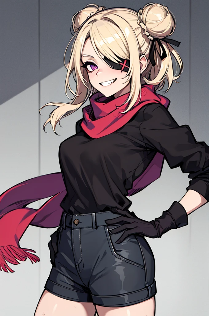 (absurdres, 8k, 4k, masterpiece, hyper extreme detailed:1.2), solo, 1girl, front view, perfect face, 1girl, portrait, looking at viewer, solo, standing, Female, toned body, mature female, , pale, blonde hair, medium hair, sarcastic, delinquent, purple eyes, swept bangs, scars, casual wear, street wear, gross, messy, , bloody, snarky, smirk, medium body, gyaru, crazy face, crazy smile, crazy eyes, hands on , shorts, wind, windy hair, moving hair, black ribbon, hair buns, adventurous, scarf, gloves, draping hair, eye patch, shirt, perfect , cowboy shot, half body, 