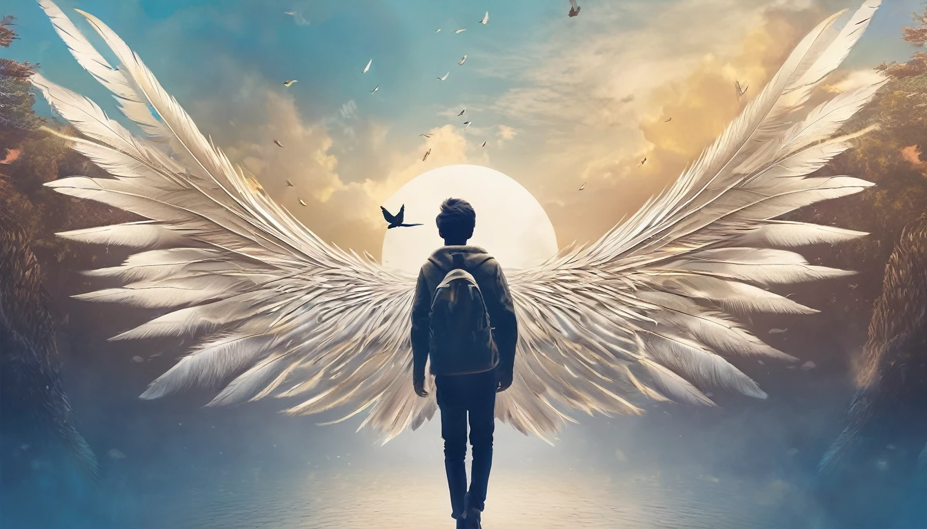 Create a professional, fantastic, cinematic dream-like Youtube Banner for a brand about music, stories, fantasy and dreams called " Penamemoria". Masterpiece, 4k, sharp focus, highest quality,wide shot. The title is " Penamemoria". Is a brand about the creative, unique journey of a boy into becoming a musician storyteller. In his journey he finds inspiration in a world of birds and feathers. Minimalistic, simple, poetic, dreamy logotype at the center of the image. The Background image is a world full of fantastic feathers, unique birds, light blue sky, soft white and light golden. Logo design of a face of a boy and a face of a feather