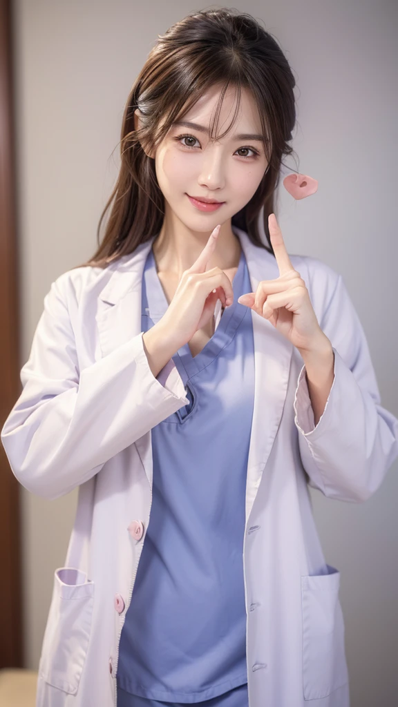 (Cowboy shot:1.2), smiling elegant slim asian woman, Japanese, wearing (((open labcoat over scrubs))), brown hair, (finger heart:1.5), (modern hospital room), photo, 1girl, ultra high res, realistic photorealistic, ultra-detailed, finely detailed, high resolution, perfect dynamic composition, (perfect eyes), (detailed eyes), solid circle eyes, ccurate, sparkling eyes, (clean eyes), anatomically correct, super detail, textured skin, extremely detailed face and eyes, detailed facial features, ((perfect face)),
