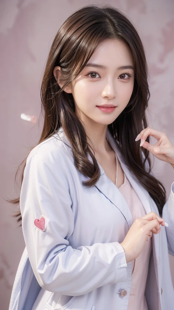 (Cowboy shot:1.2), smiling elegant slim asian woman, Japanese, wearing (((open labcoat over scrubs))), brown hair, (finger heart:1.5), (modern hospital room), photo, 1girl, ultra high res, realistic photorealistic, ultra-detailed, finely detailed, high resolution, perfect dynamic composition, (perfect eyes), (detailed eyes), solid circle eyes, ccurate, sparkling eyes, (clean eyes), anatomically correct, super detail, textured skin, extremely detailed face and eyes, detailed facial features, ((perfect face)),